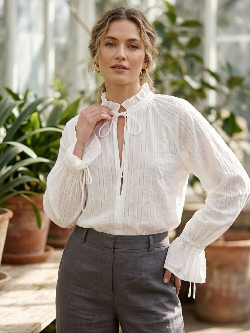 Nili Lotan Thelina Crosshatch Swiss Dot Ruffle Neck Tie Cuff Peasant Blouse